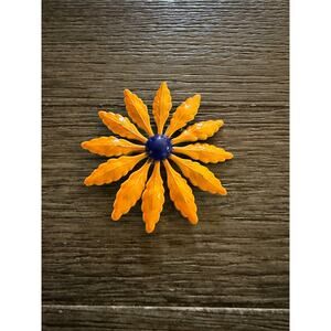 Vintage Mid-Century orange metal Flower Brooch pin